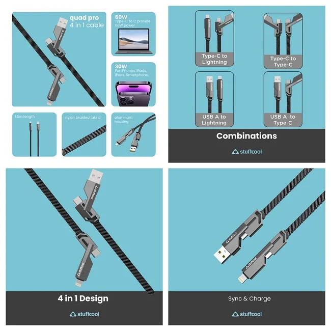 Kabel Stuffcool Quad Pro 4 In 1 Dan PD60W Type C Ke C/Petir