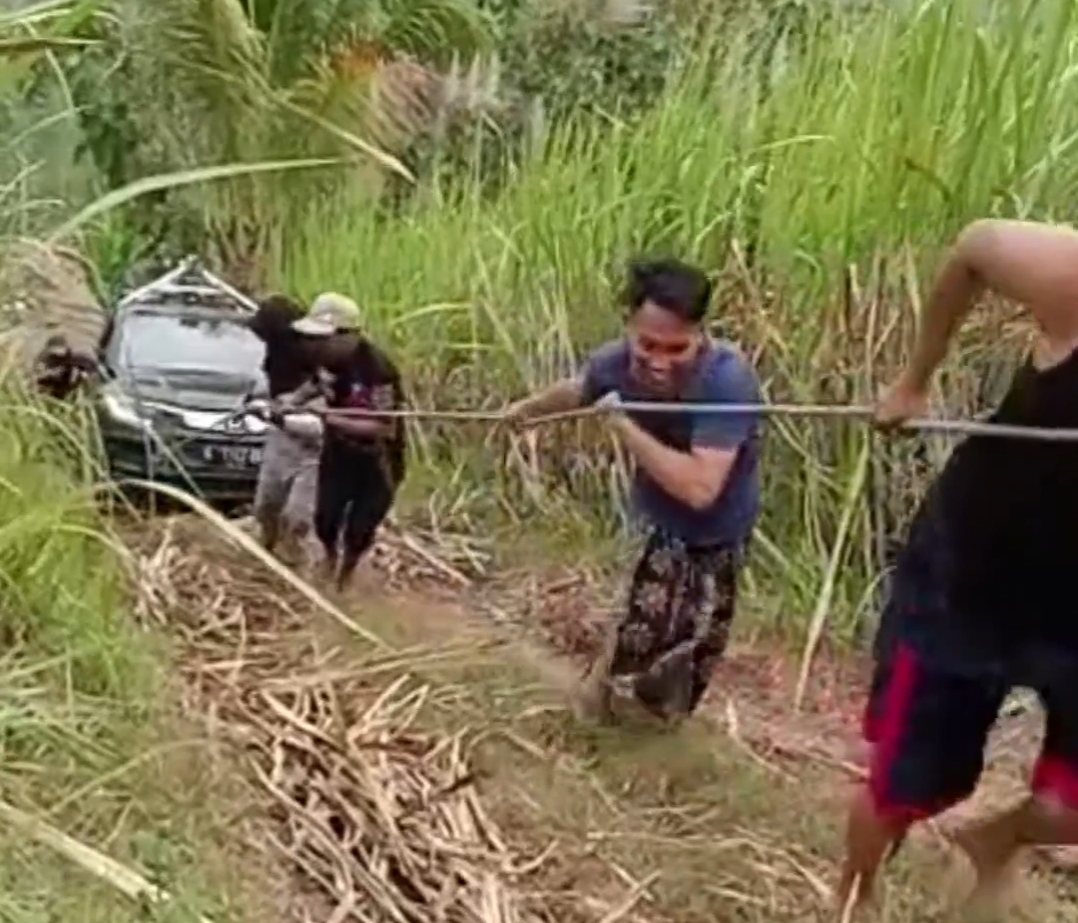 Warga Sedang Membantu Menarik Mobil Google Maps Yang Nyasar Ke Kebun Tebu Di Malang